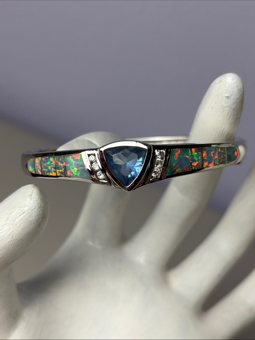 Sterling Silver Pastel Opal Inlay Trillion-Cut Blue Stone Hinged Bangle Bracelet